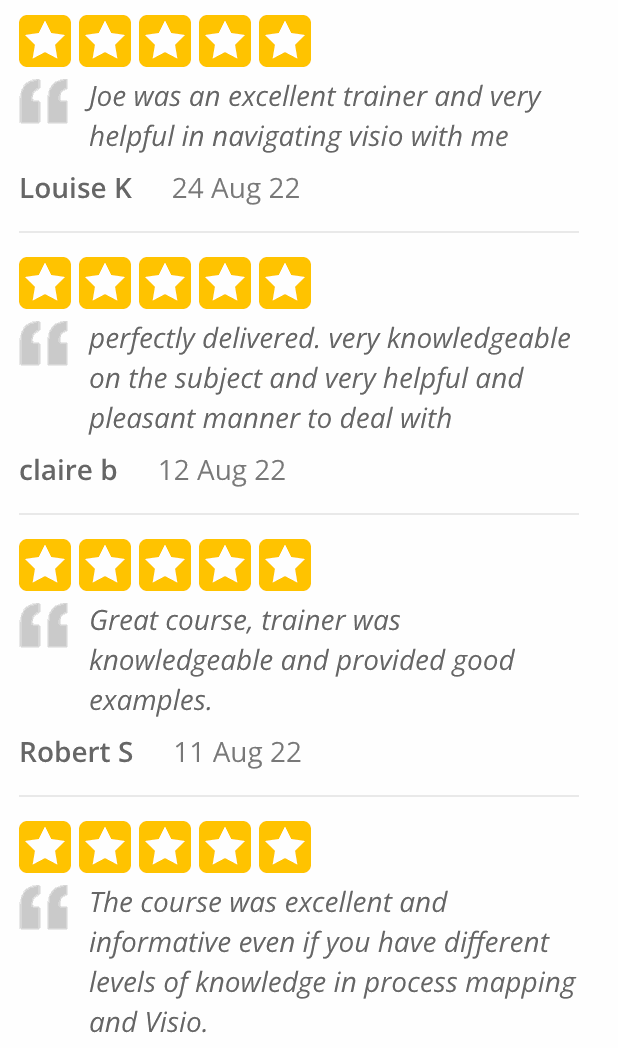 Testimonial from Coursecheck reviews - Business process mapping with Visio. Quote: Five stars, Louise K, 24 August 2022: Joe was an excellent trainer and very helpful in navigating visio with me. Five stars, claire b, 12 August 2022: perfectly delivered. very knowledgeable on the subject and very helpful and pleasant manner to deal with. Five stars, Robert S, 11 August 2022: Great course, trainer was knowledgeable and provided good examples. Five stars: The course was excellent and informative even if you have different levels of knowledge in process mapping and Visio.